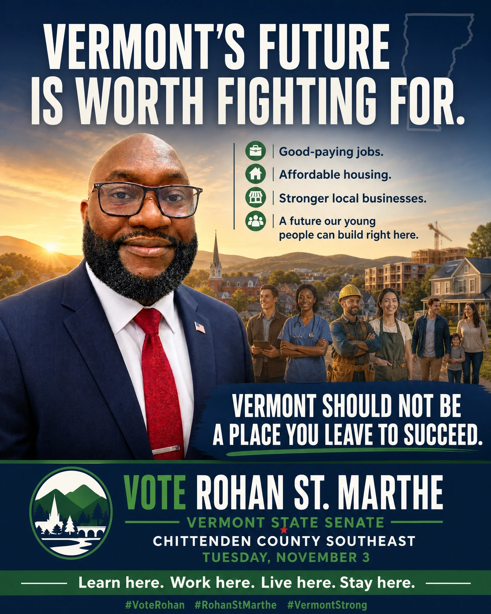 Rohan St. Marthe campaign poster highlighting jobs, housing, local businesses, and Vermont’s future